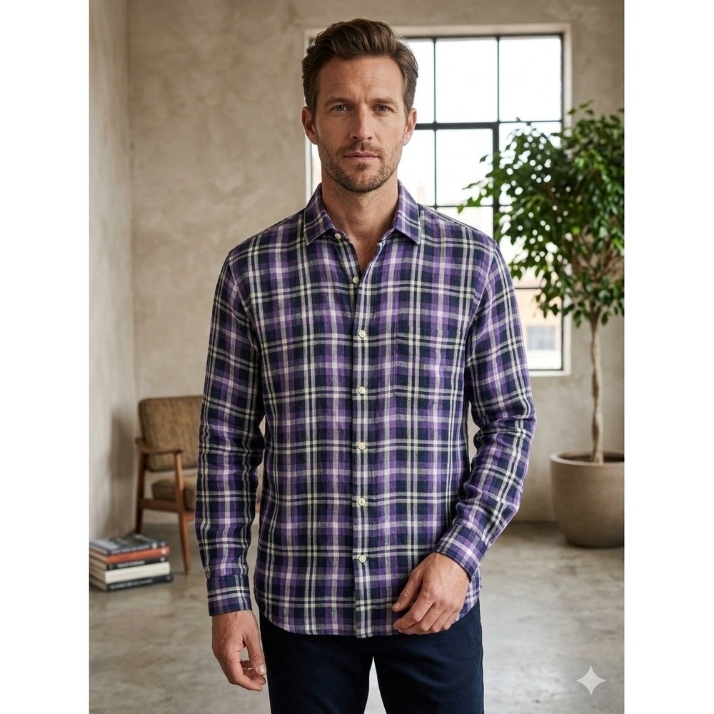 Peter Millar Mens Medium Purple Plaid 100% Linen Long Sleeve Button Down Shirt
